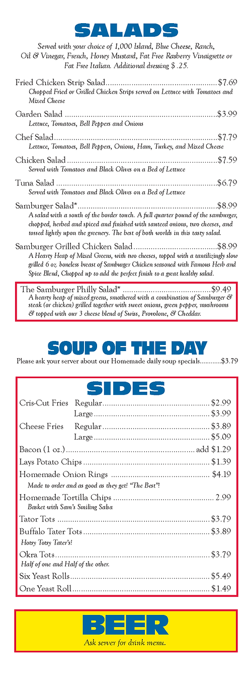 Sam's Burger Deli Armuchee Schroeder's Menu